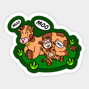 Cartoon cow and funny kid Sticker